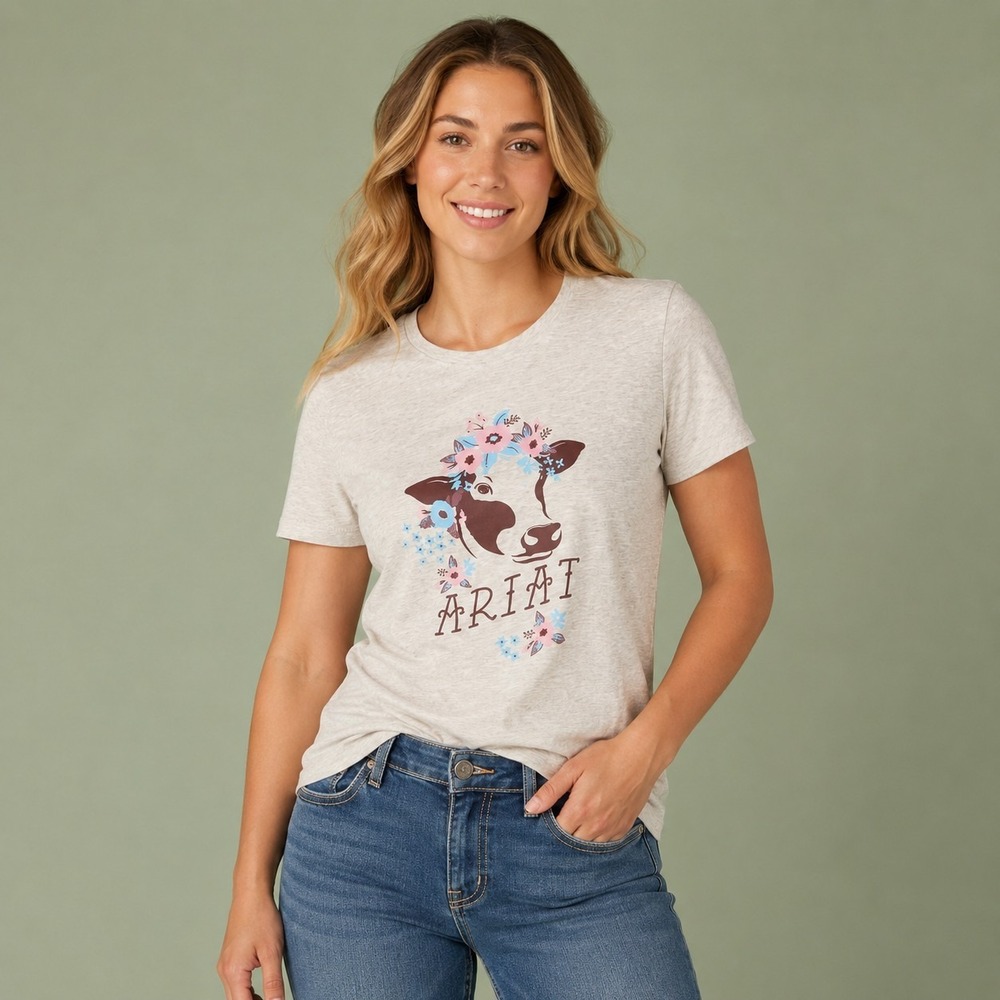Ariat Real Moo Floral Cow Graphic Tee Women's Medium Western Cowgirl Cottagecore